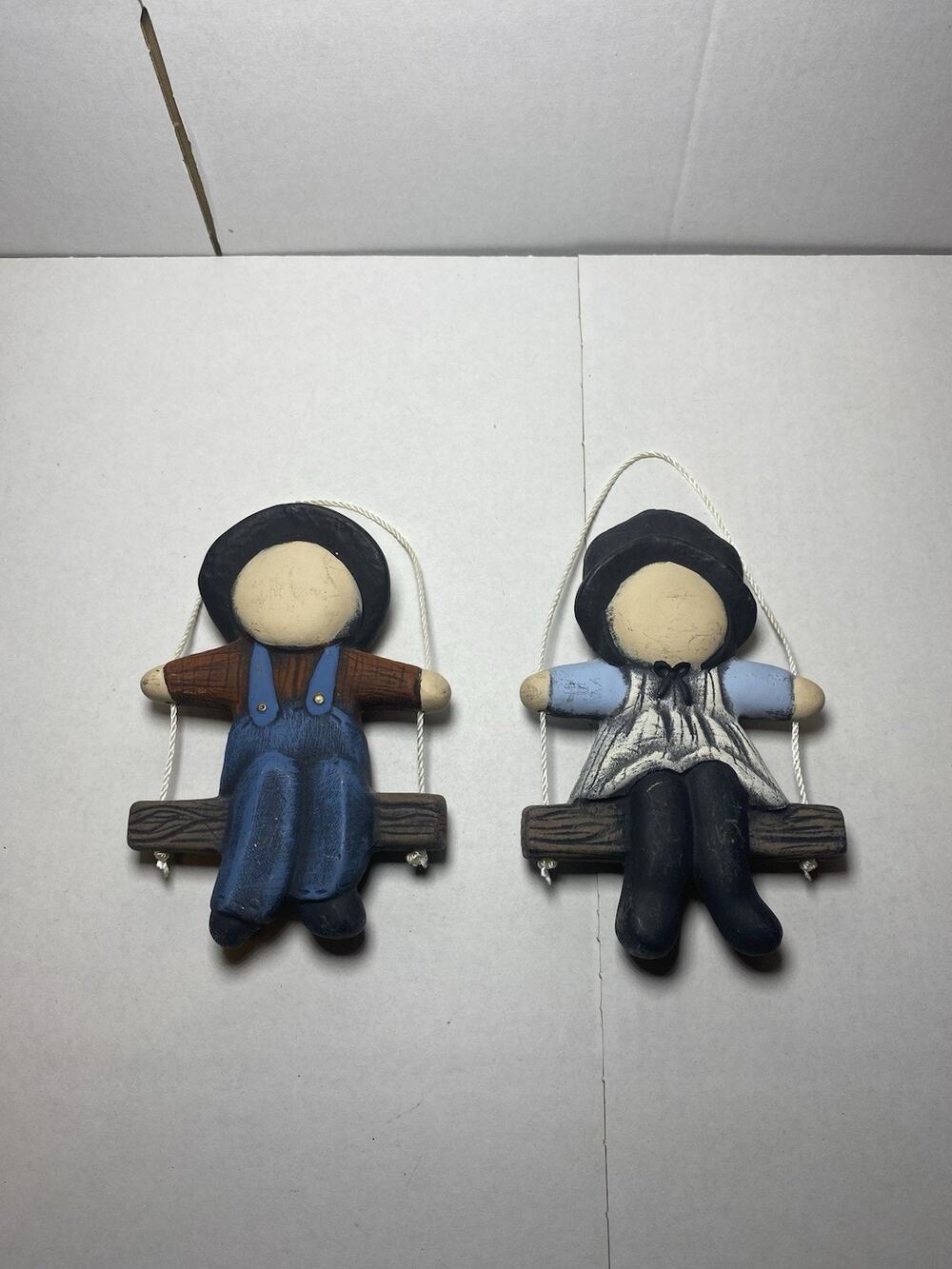 Vintage Amish Faceless Ceramic Figurines Boy Girl Swinging Set of 2